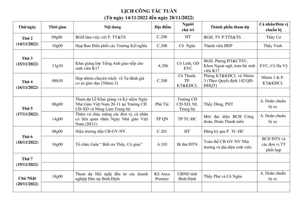 Lich cong tac tuan tu ngay 14.11.2022 den ngay 20.11.2022