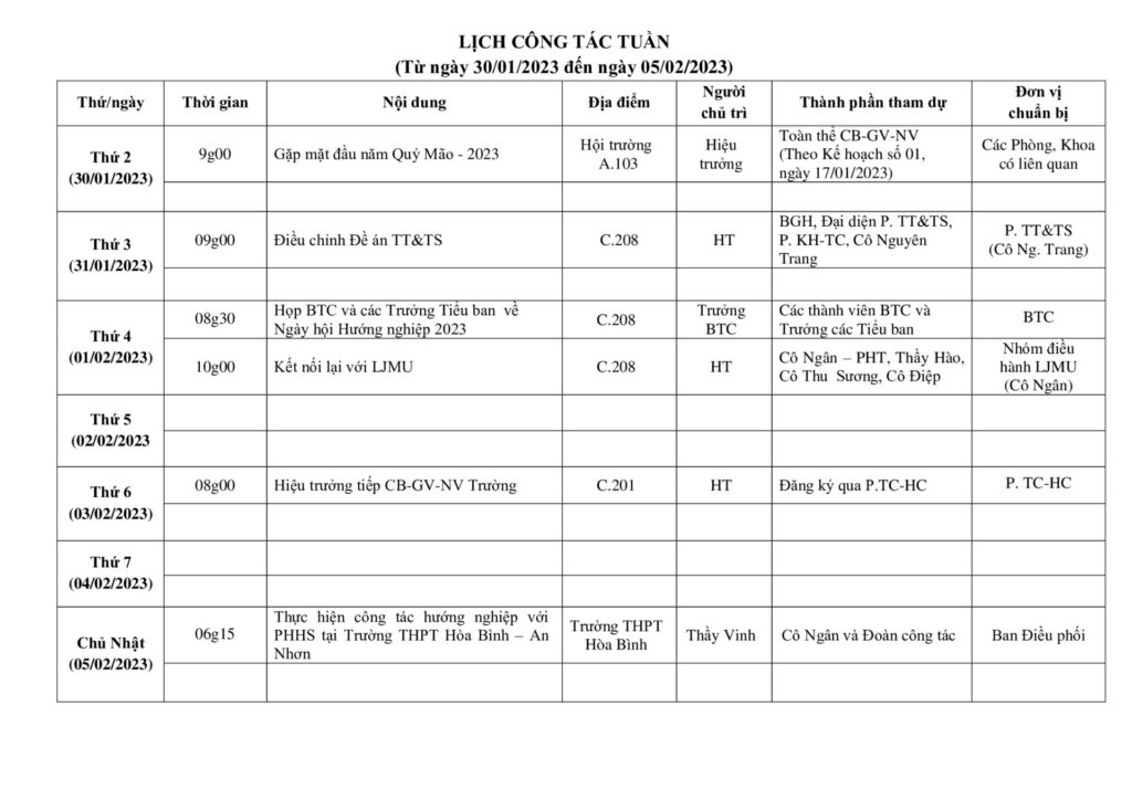 Lich cong tac tuan tu ngay 30.01.2023 den ngay 05.02.2023